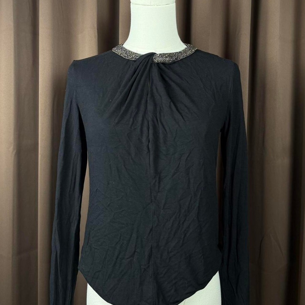 Ralph Lauren Lauren Womens Black Long Sleeve Sequin Collar Glam Party Top S/P